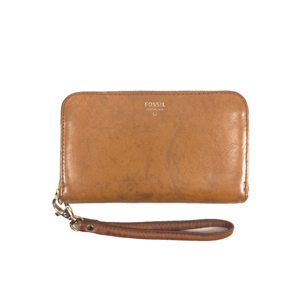 Fossil Womens Wristlet Wallet Issue No 1954 OS Tan Leather Zip Around Gold Logo